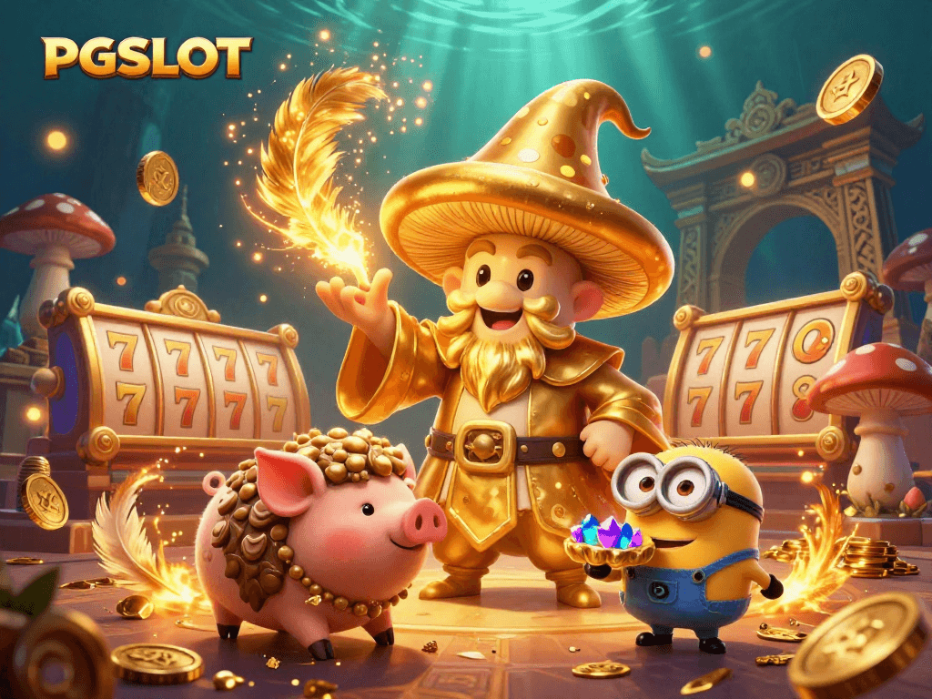 Experience the magic of PGSLOT with our vibrant casino scene featuring enchanting characters and winning slot elements.