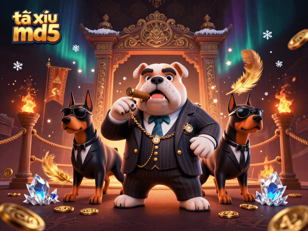 Engage with thrilling tài xỉu md5 action featuring a mafia boss bulldog and two Dobermans in an electric casino scene.