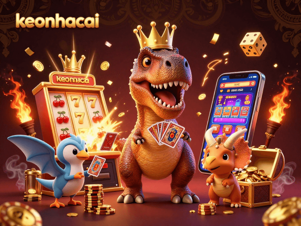 Experience the excitement of keonhacai with a T-Rex dealing cards alongside a slot machine explosion.