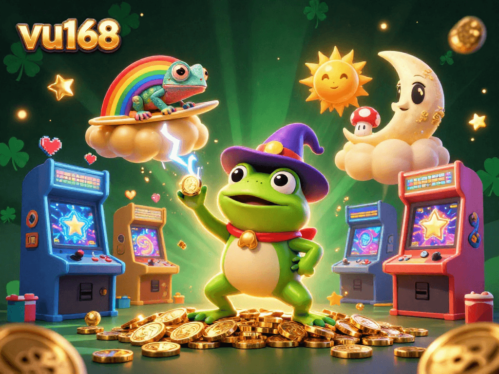 Experience the excitement of vu168 with a dynamic illustration showcasing colorful casino elements and mythical characters.