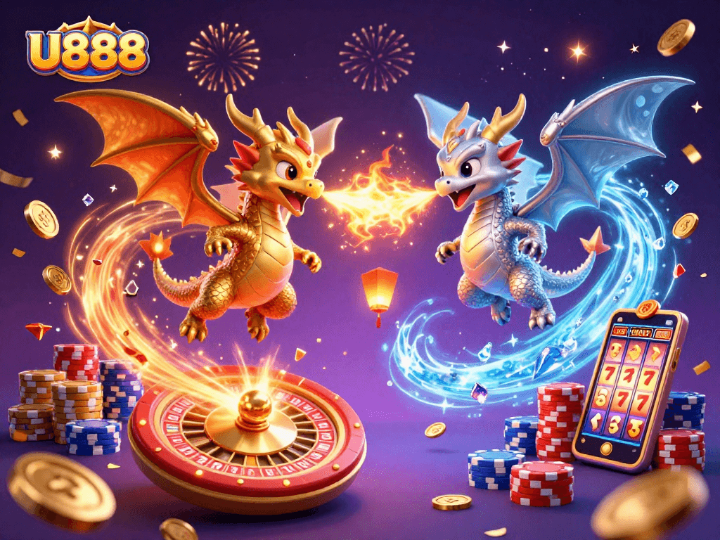 Engage in thrilling gameplay at U888 with an epic dragon showdown and glimmering casino elements.
