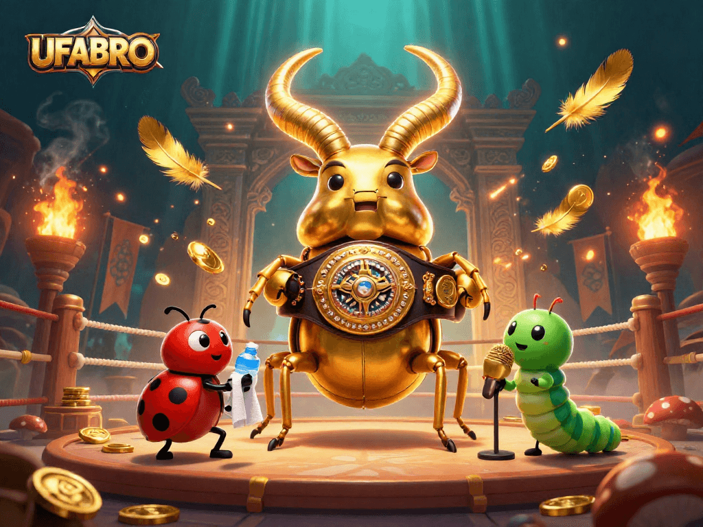 UFABRO offers exciting gaming experiences with a stunning 3D illustration featuring a golden stag beetle and vibrant casino elements.
