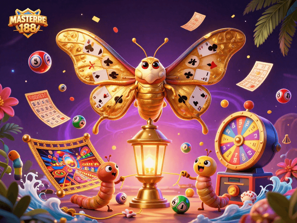 Engage with MASTER188's vibrant casino experience featuring colorful lottery elements and a majestic moth.