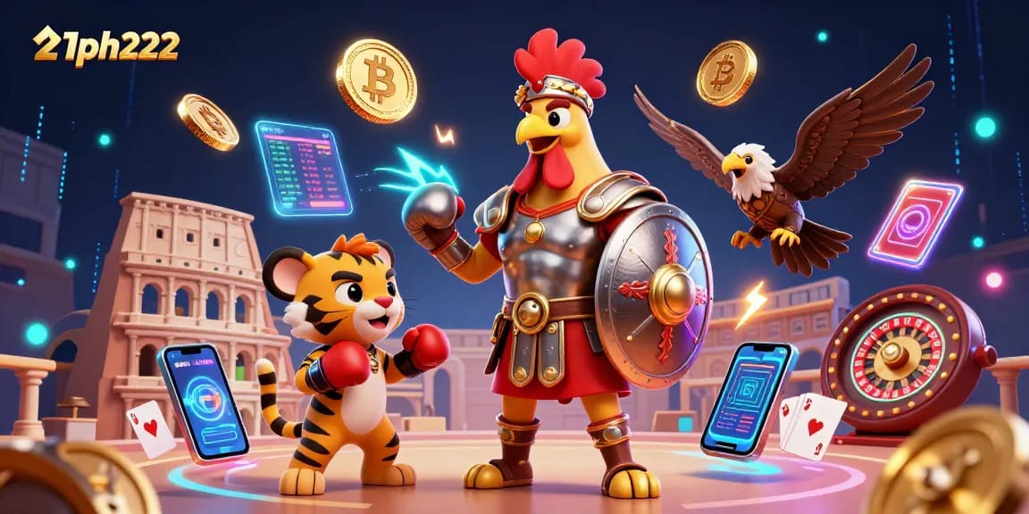 Engage with 21ph222's exciting casino scene featuring a gladiator rooster and crypto elements.