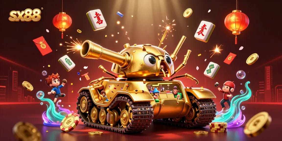 Sx88 showcases a lively casino scene inside a golden beetle tank, bursting with excitement and festive symbols