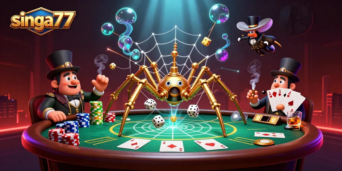 Singa77 captivates players with a dynamic steampunk-themed poker scene featuring a golden spider.