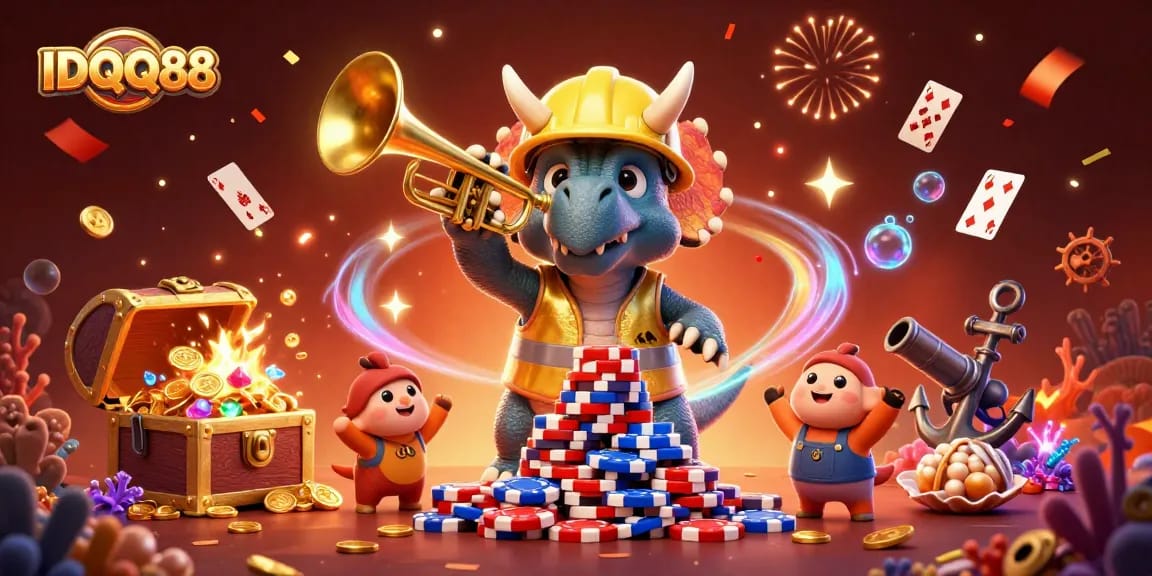 IDQQ88 showcases a vibrant casino celebration scene with fun characters, poker chips, and confetti.