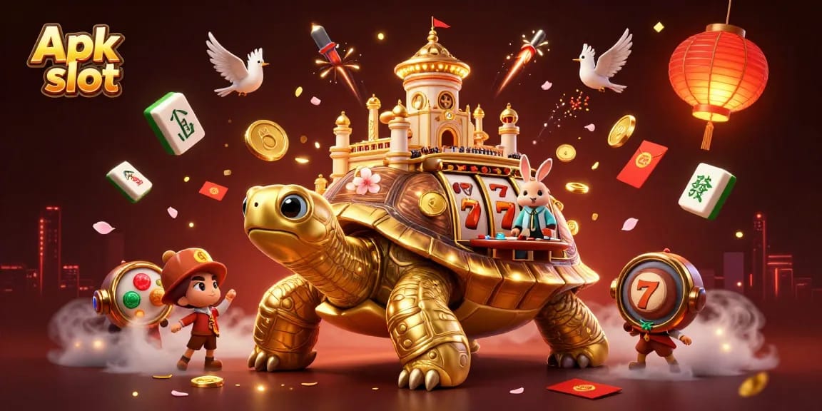 Menggali Apk slot dengan simbol buah dan jackpot yang bersinar, dikelilingi koin emas.