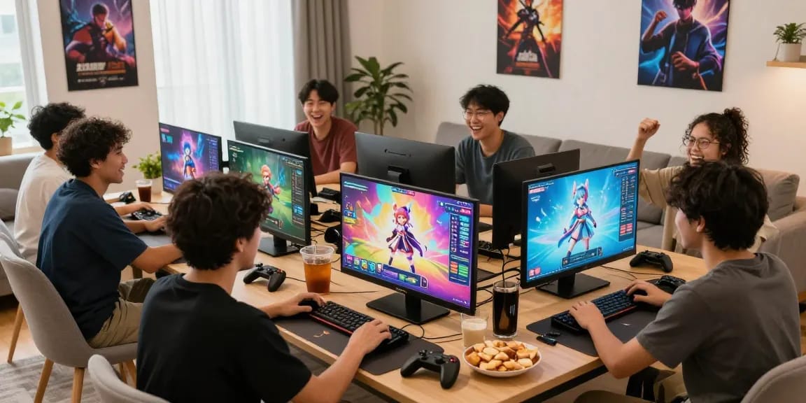 Exciting gacha168 gaming session with friends, colorful screens and snacks.