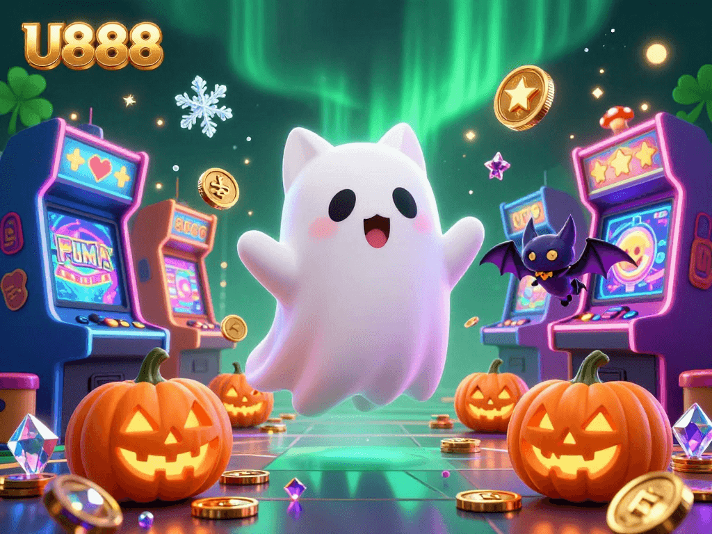 Engage with the vibrant U888 casino scene featuring a friendly ghost cat, a vampire bat, and glowing jack-o-lanterns.