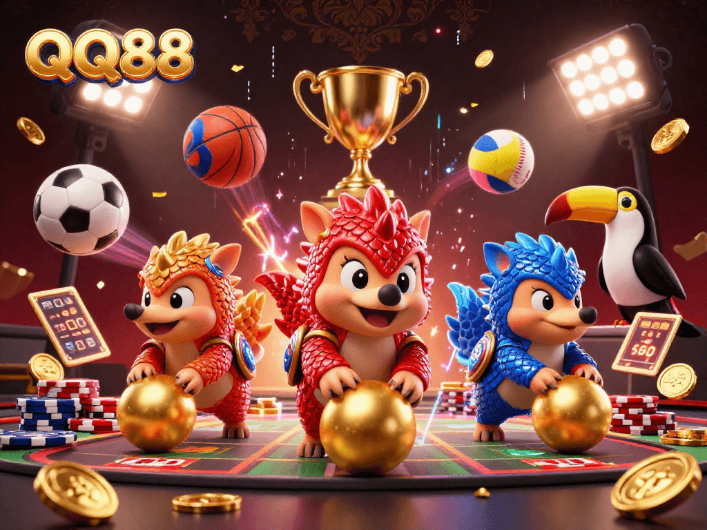 Engaging QQ88 scene with rival pangolins competing, surrounded by vibrant sports elements and golden coins, emphasizing dynamic gambling action.