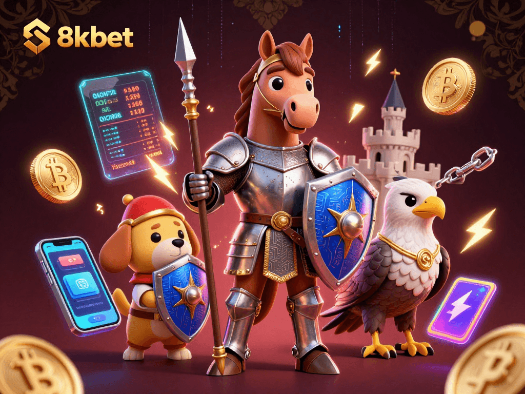 Experience thrilling moments at 8xbet with ultra-detailed digital gambling illustration featuring knights and crypto coins.