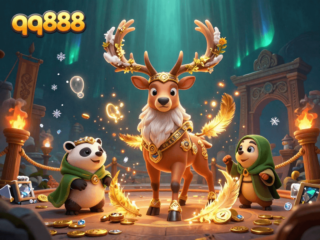 Experience thrilling wins with the magical scene featuring the charismatic qq888 characters in an engaging gambling arena.