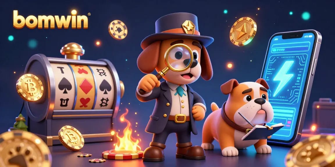 Spin to win with bomwin in a captivating 3D casino scene featuring slot reels and crypto elements.
