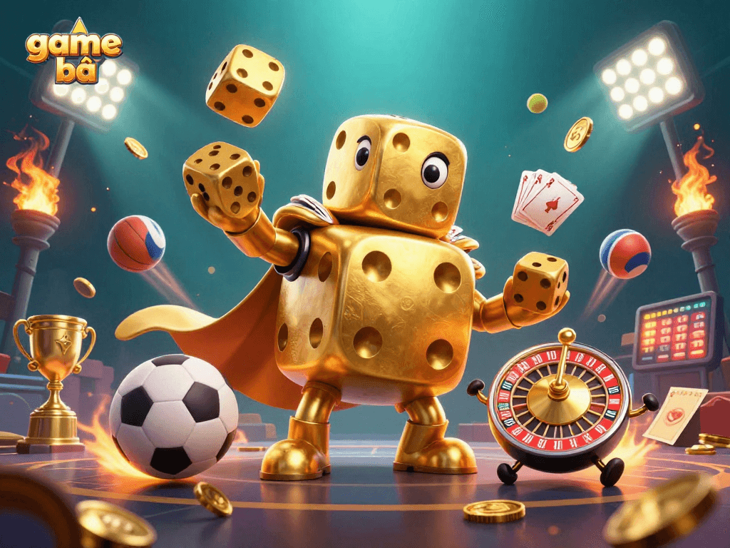 Experience thrilling game bài action with a golden dice golem and dynamic sports elements.
