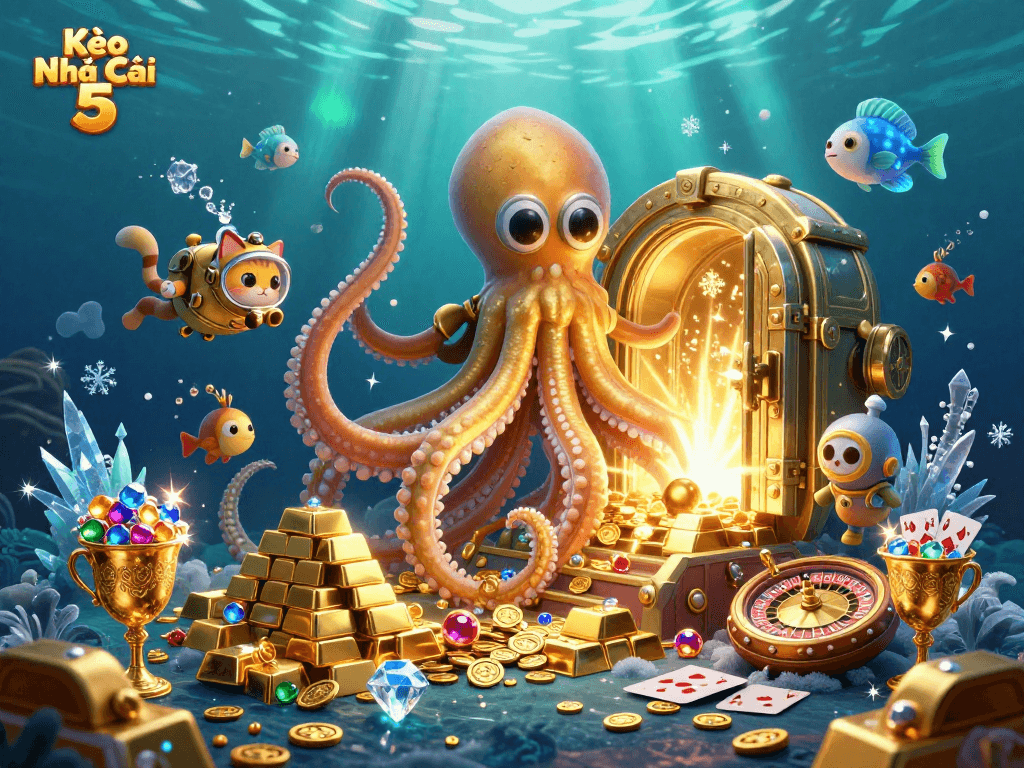 Experience thrilling underwater adventures with Kèo Nhà Cái 5 in this vibrant casino-themed illustration.