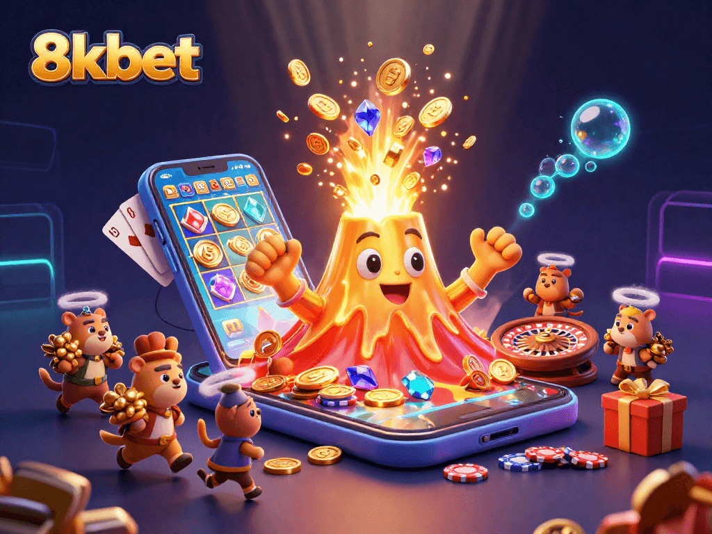 Experience the thrill of 8kbet, featuring a dynamic casino scene with a volcano of coins and slots