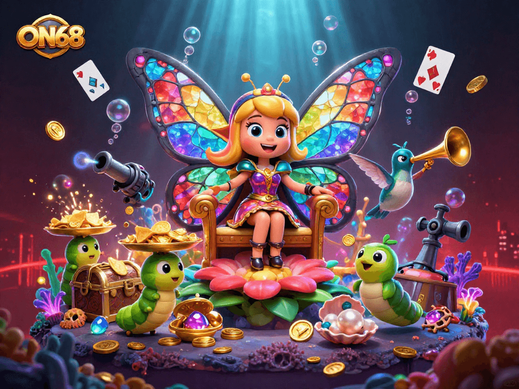 Engage with ON68's vibrant gaming vibe surrounded by 3D characters and treasures.