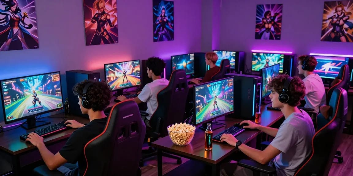Friends enjoying an online porn game in a vibrant gaming lounge, showcasing colorful graphics and a fun atmosphere.