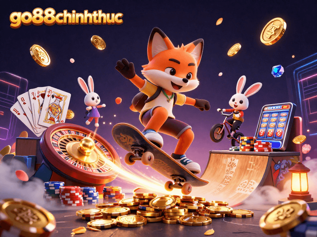 Experience the thrill of go88chinhthuc with a vibrant 3D casino skater scene.