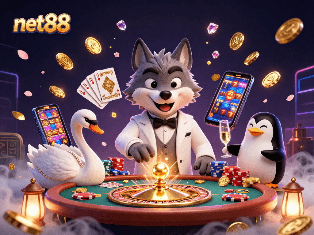 Experience excitement at net88 with a 3D cartoon wolf, swan dealer, and penguin sommelier in a vibrant casino scene.