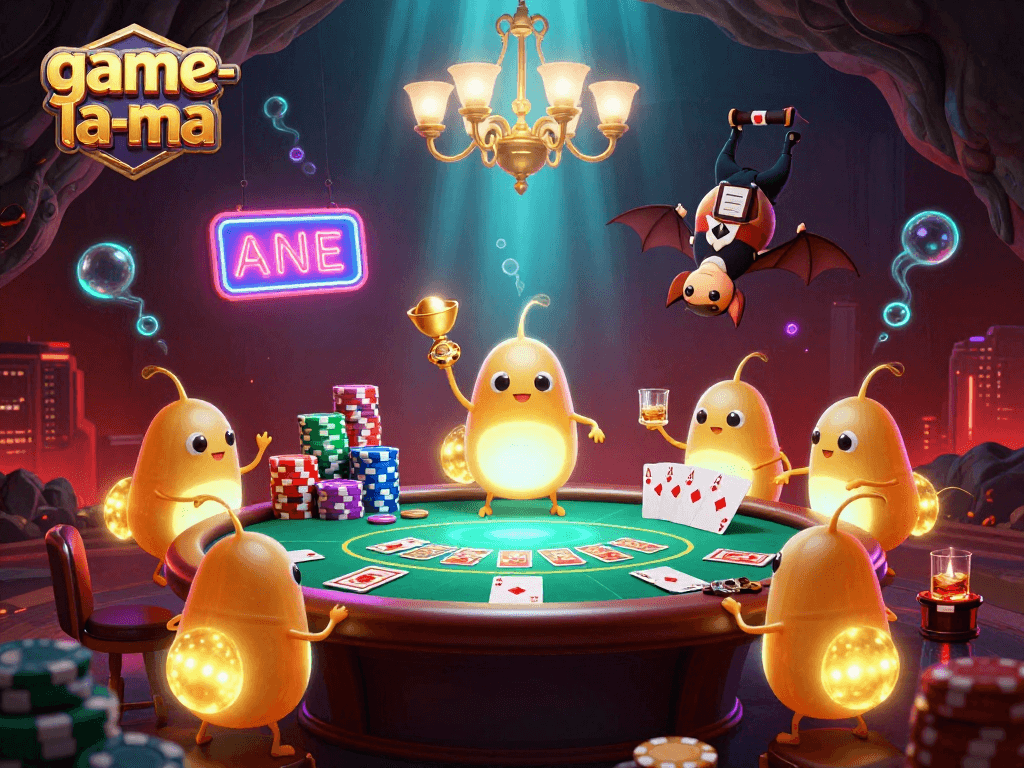Experience the thrill of game-la-ma with a vibrant cave casino illuminated by glowing glowworms and a bat dealer.