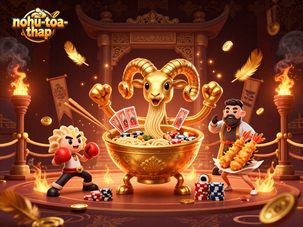 Nohutoa-thap showcases a vibrant 3D illustration with a giant ramen bowl engaging in card games surrounded by gold coins.