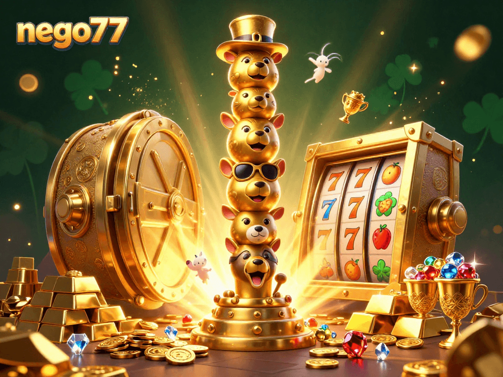 Join the casino excitement with nego77's vibrant 3D golden totem illustration featuring slot reels and treasures.