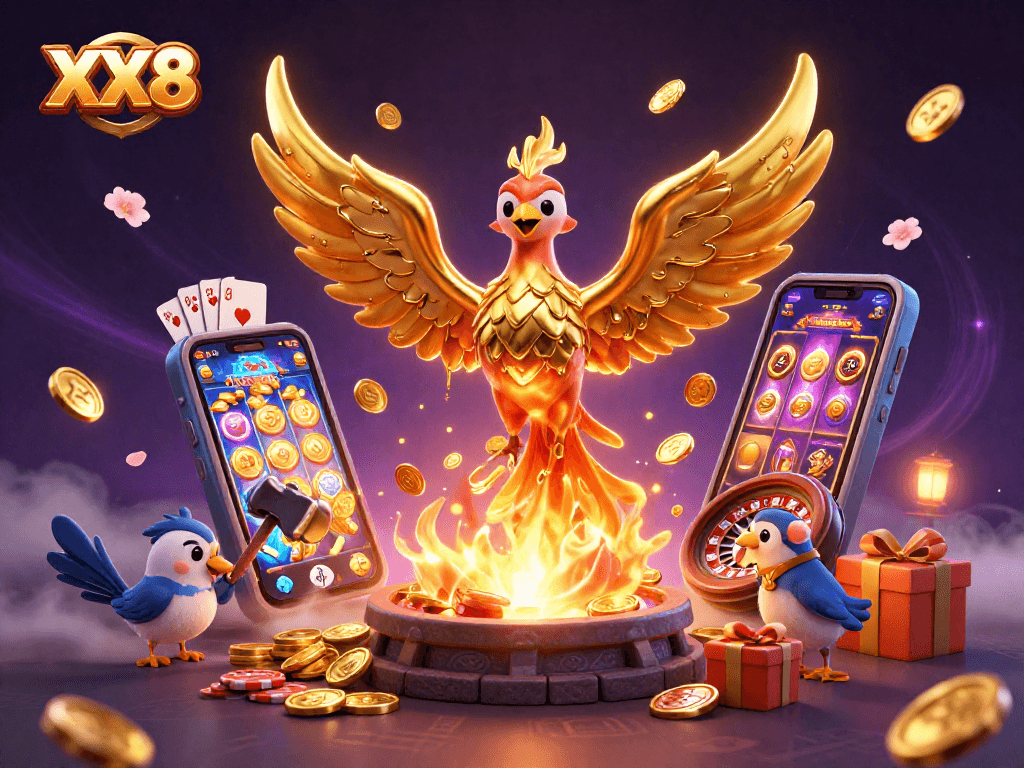 Experience the dynamic gameplay of XX8 with a golden phoenix, coins, and engaging casino elements.