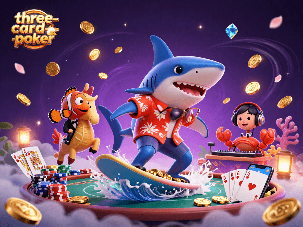 Engage in three-card-poker with exciting visuals of a shark and colorful casino elements.