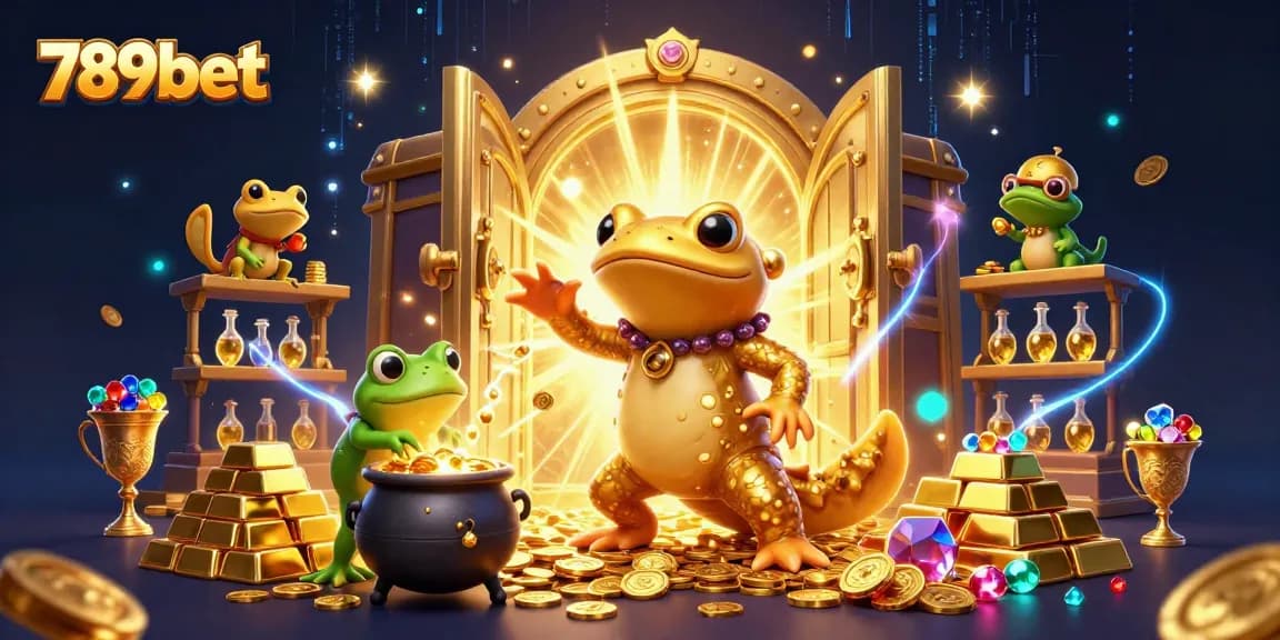 Play 789bet in a vibrant, magical 3D scene with gold coins, treasures, and a cartoon alchemist.