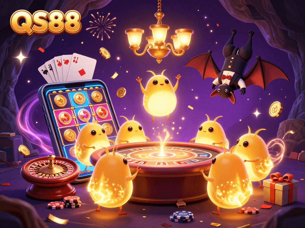 Engage with QS88's dynamic casino experience highlighted by lively glowworms and vibrant game elements.