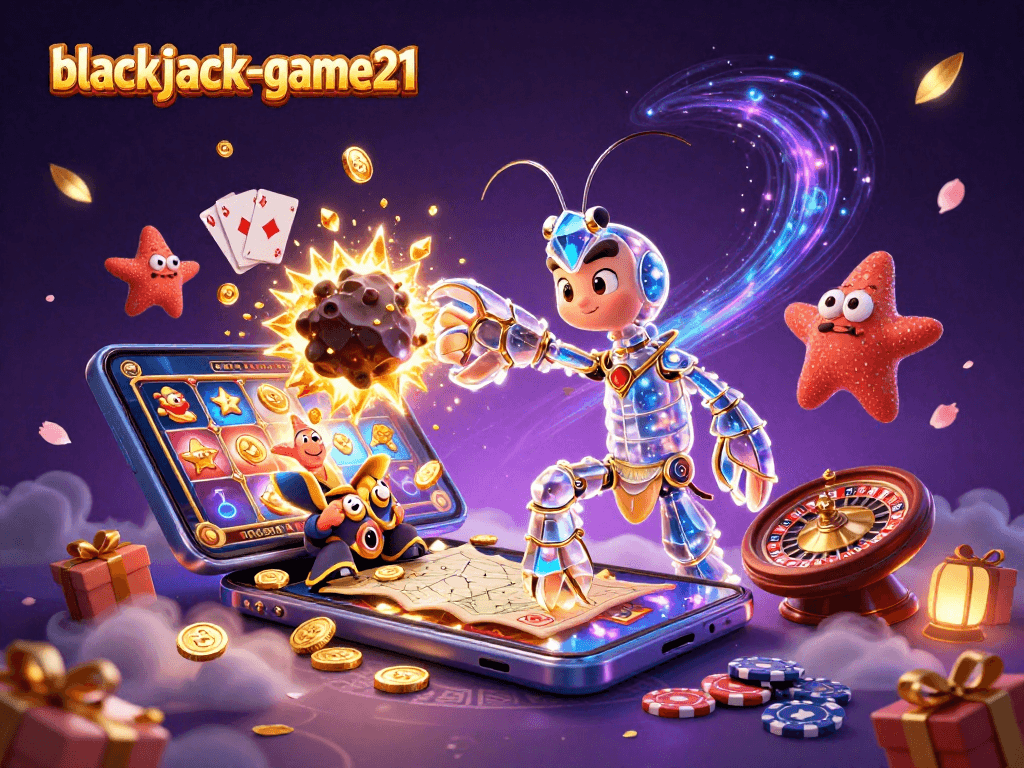 Engage with blackjack-game21 in a dynamic illustration of a galactic samurai mantis shrimp amidst exploding gems and casino elements.