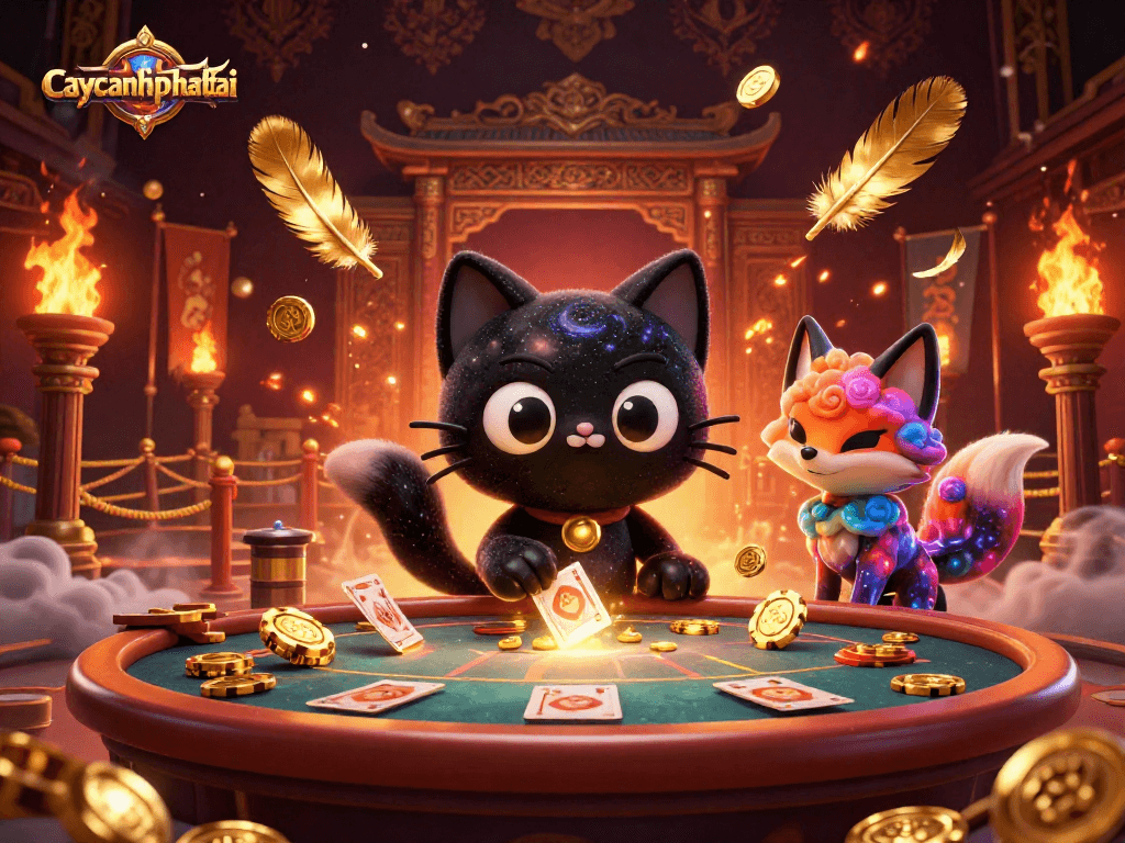 Engage in winning strategies at caycanhphattai with an immersive cosmic casino experience featuring golden chips and characters.
