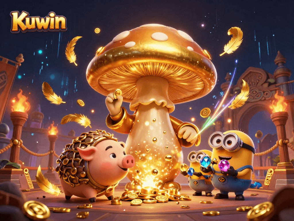 Experience the magic of Kuwin with a golden wizard, treasure pig, and enchanting game elements!