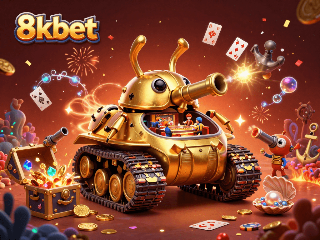 Experience thrilling wins at 8kbet with a vibrant casino scene featuring a golden beetle tank and underwater treasures.