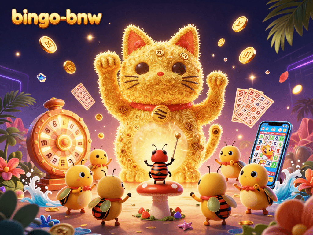 Join the fun with bingo-bnw, featuring a vibrant 3D lucky cat and colorful bingo elements.