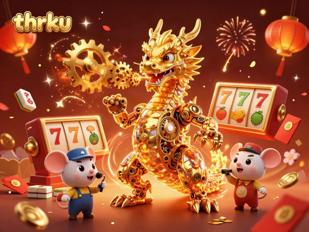 Engage in magical gaming with thrku's vibrant 3D dragon and jackpot-filled scene!