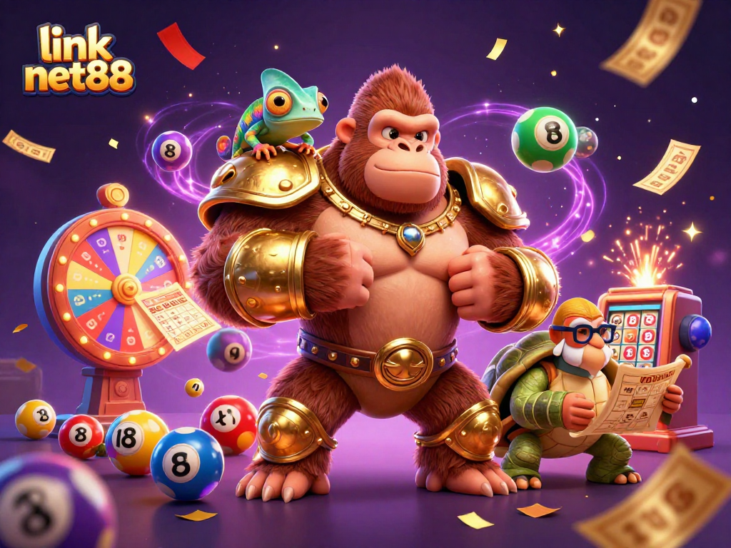 Join the excitement of link net88 with a creative 3D scene of a powerful gorilla king, chameleon, and tortoise amidst lottery elements.