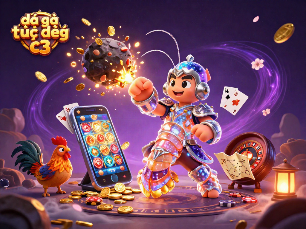 Experience thrilling đá gà trực tiếp c3 action with a vibrant 3D scene featuring cockfighting elements and explosive gems.