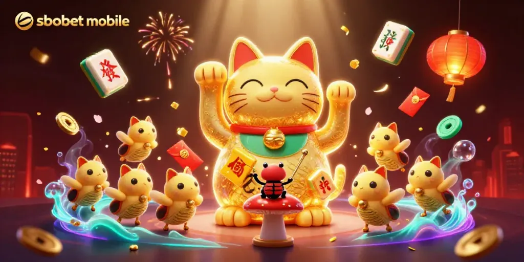 Engage in thrilling sbobet mobile betting with a vibrant lucky cat illustration surrounded by festive elements.