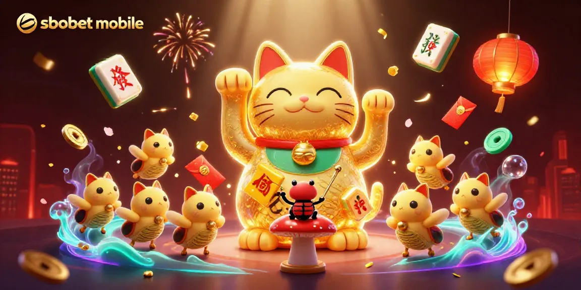Engage in thrilling sbobet mobile betting with a vibrant lucky cat illustration surrounded by festive elements.