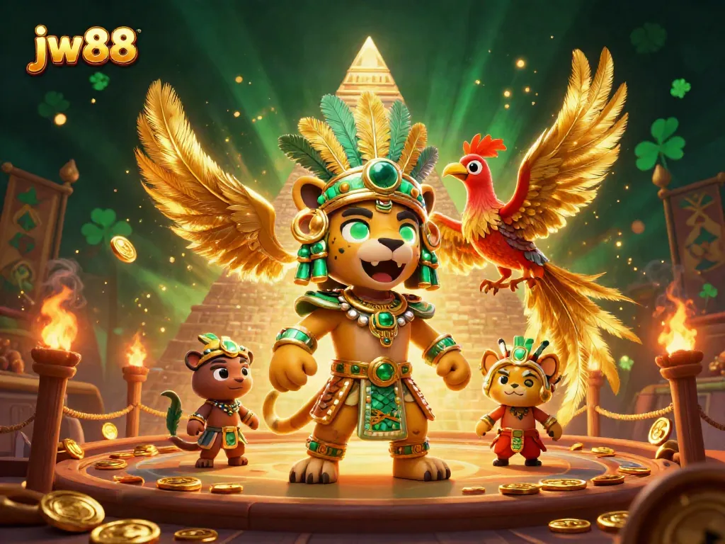 Experience thrilling victories with jw88 in a vibrant Mayan-themed casino setting, featuring dynamic characters and rich elements.