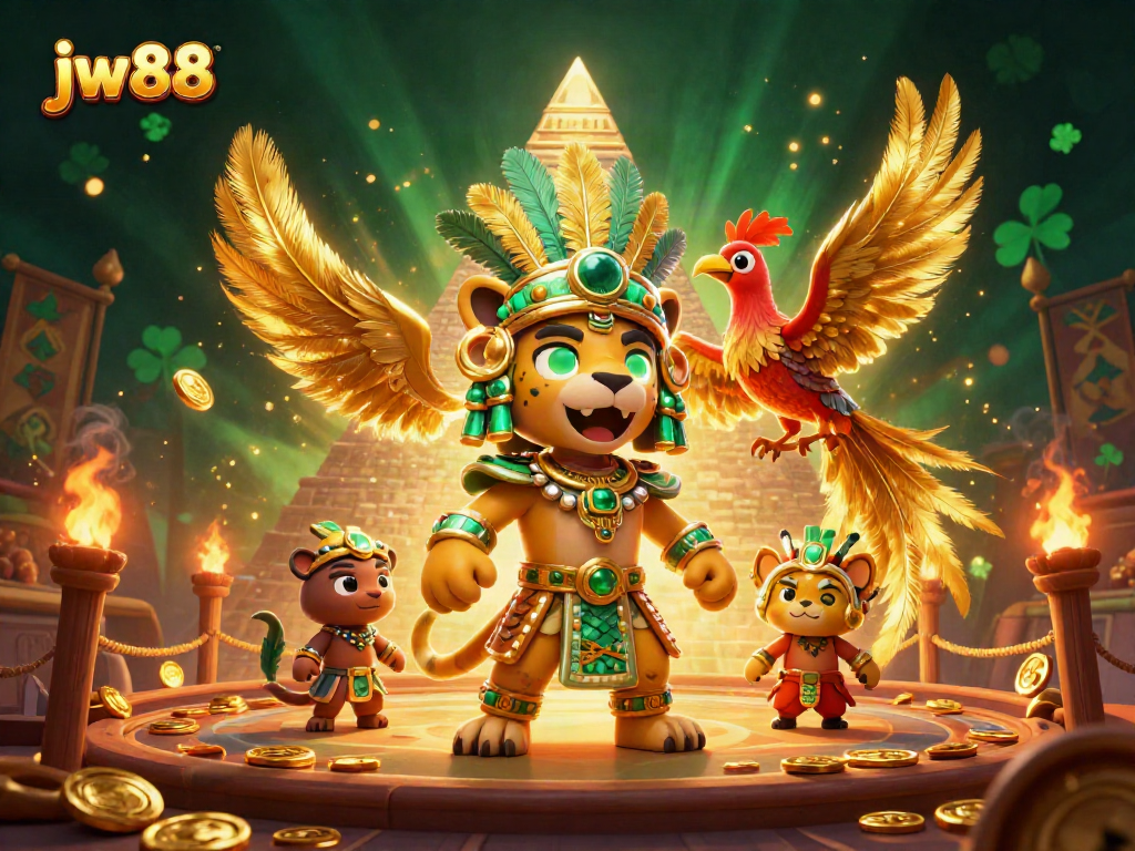 Experience thrilling victories with jw88 in a vibrant Mayan-themed casino setting, featuring dynamic characters and rich elements.