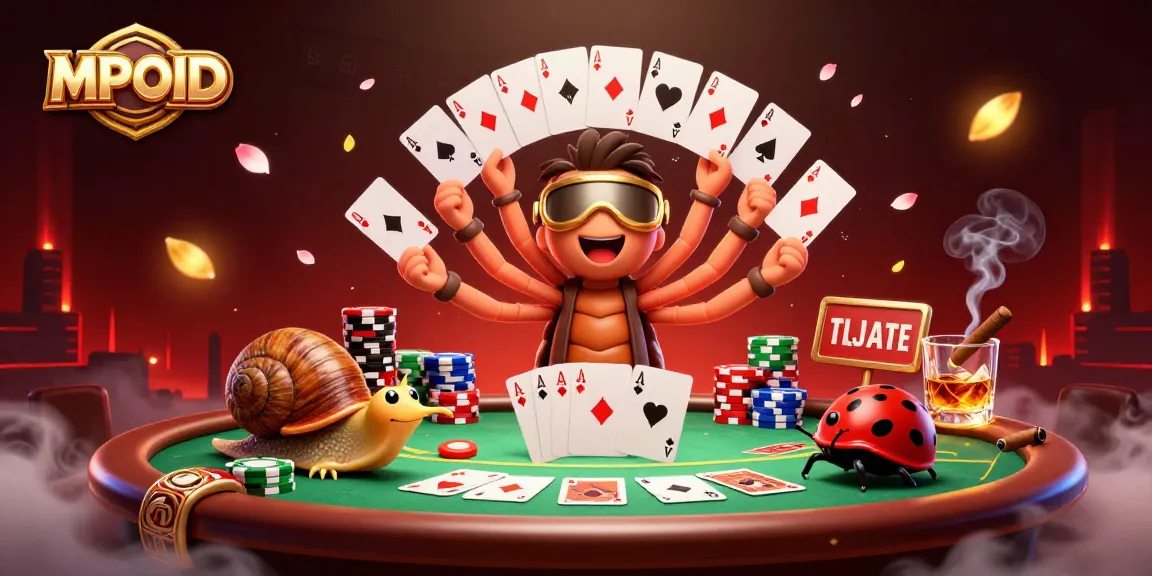 MPOID illustrates a dynamic casino scene with a millipede dealer, snail high-roller, and vibrant poker game elements.
