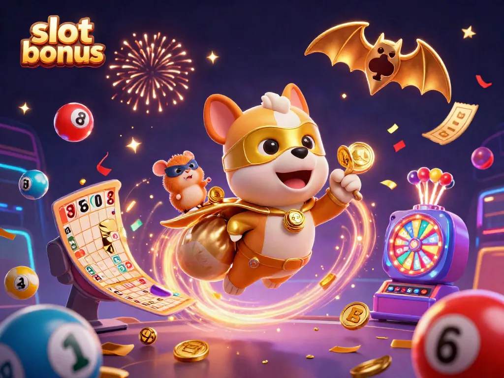 Catch exciting slot bonus rewards with a superhero dog and hamster amidst casino elements.