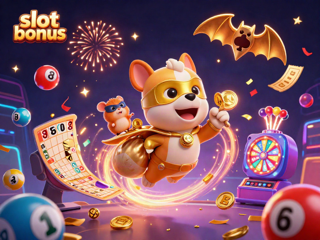 Catch exciting slot bonus rewards with a superhero dog and hamster amidst casino elements.
