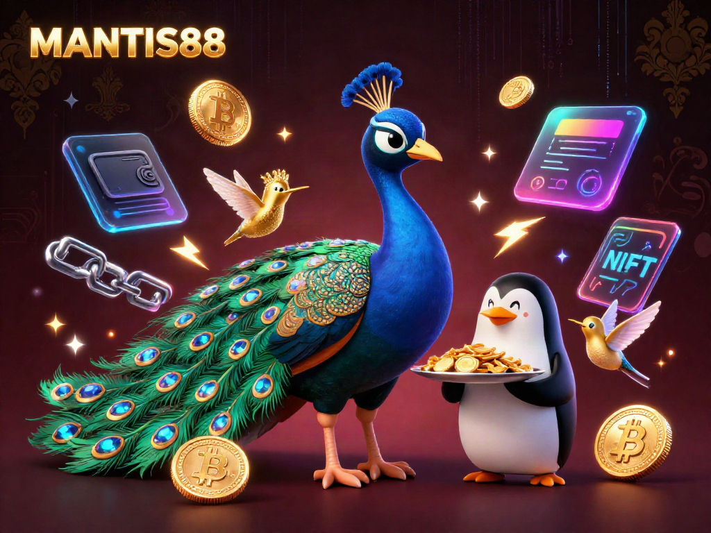 Engage in thrilling gameplay with MANTIS88, featuring vibrant characters and cryptocurrency elements.