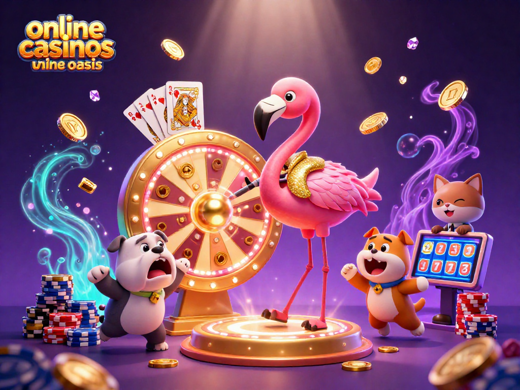 Engaging scene illustrating online casinos ohne oasis with a flamingo game show host, bulldog contestant, and cat assistant.