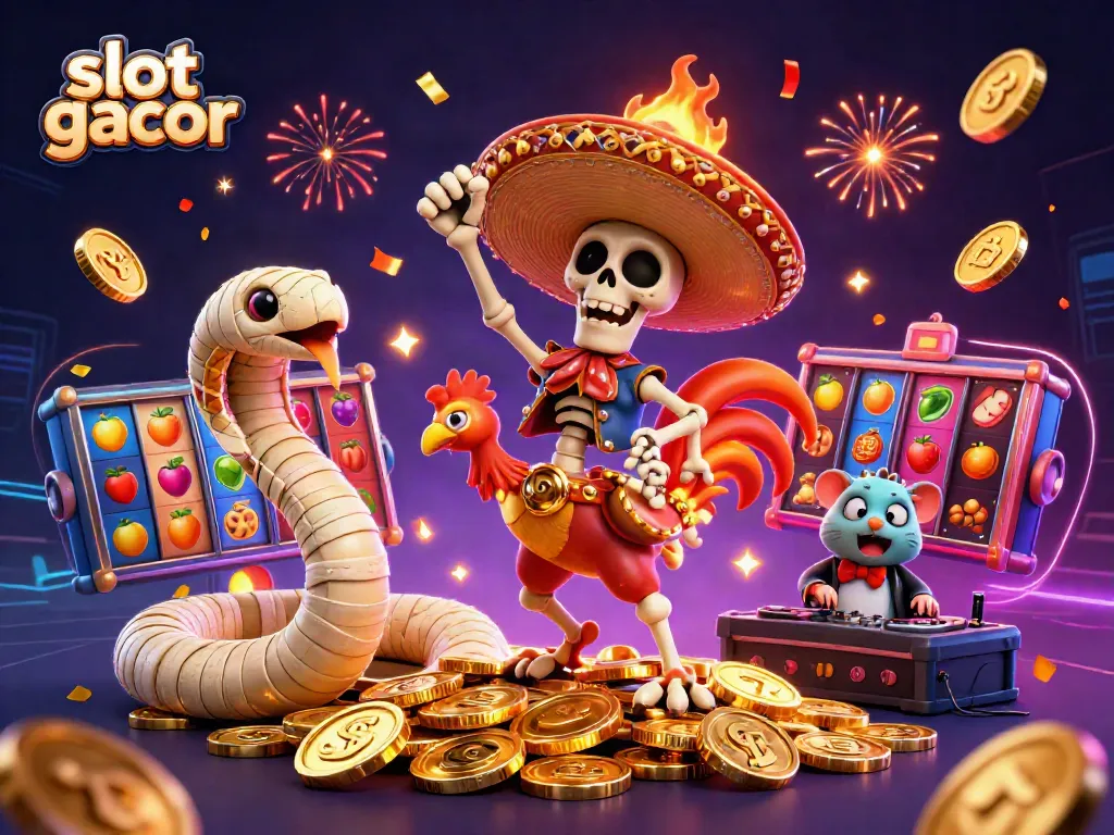 Slot gacor dengan karakter lucu merayakan kemenangan di tengah tumpukan koin emas.